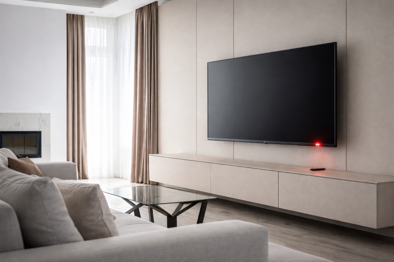 Televisión en standby con led rojo en un salón moderno, ejemplo de consumo eléctrico fantasma en el hogar y eficiencia energética.